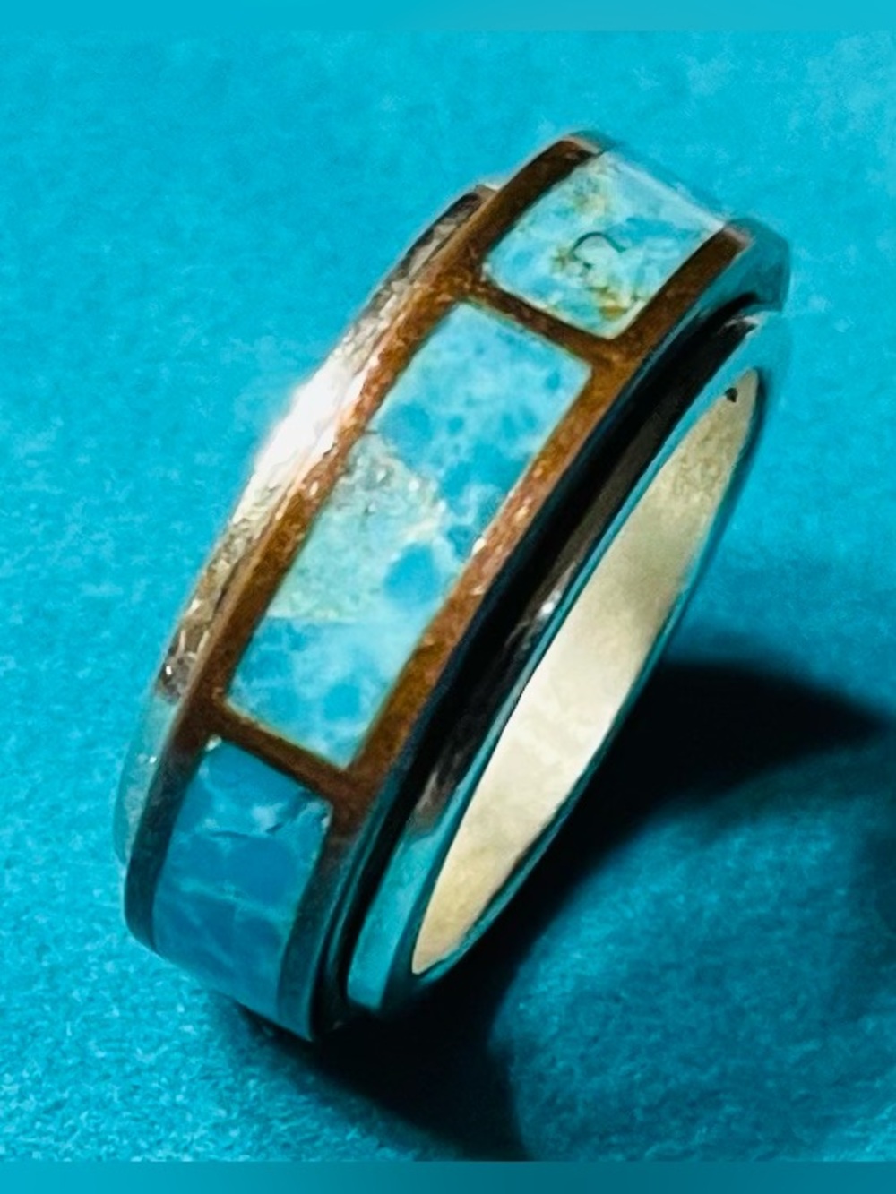 JAY KING MINE FINDS COPPER TURQUOISE SPINNER RING /925 SILVER/ SIZE 6 1/2